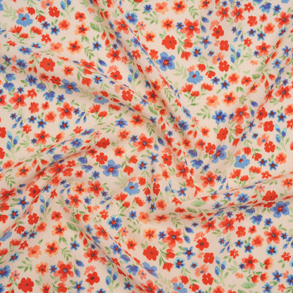 Rayon Challis Print - Vivid Red and Country Blue Floral - Deadstock