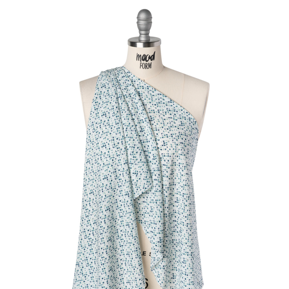 Rayon Challis Print - Navy Blue and Mint Green Abstract Geometric - Deadstock - Drape