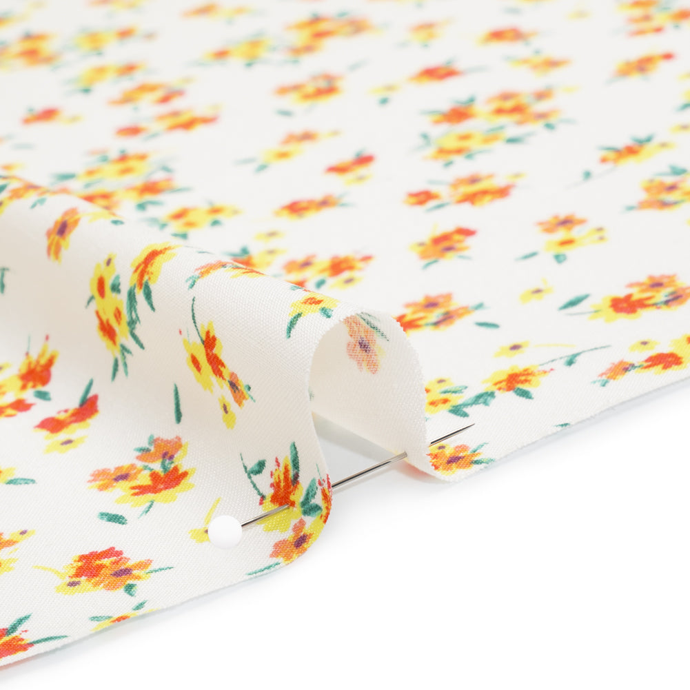 Rayon Challis Print - Vibrant Yellow, Coral Red and Honey Orange Painterly Floral - Deadstock - Detail