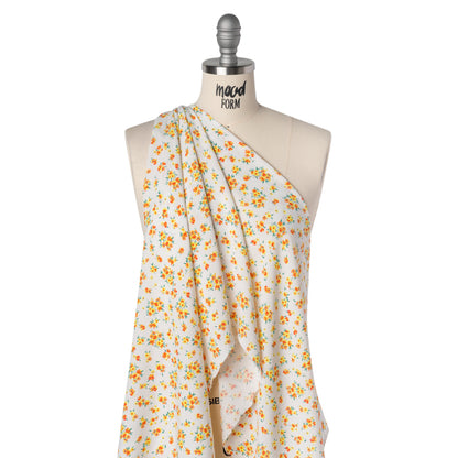 Rayon Challis Print - Vibrant Yellow, Coral Red and Honey Orange Painterly Floral - Deadstock