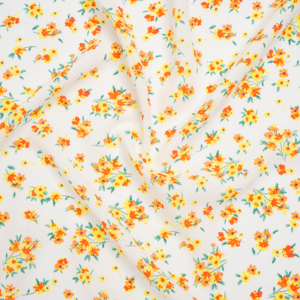 Rayon Challis Print - Vibrant Yellow, Coral Red and Honey Orange Painterly Floral - Deadstock