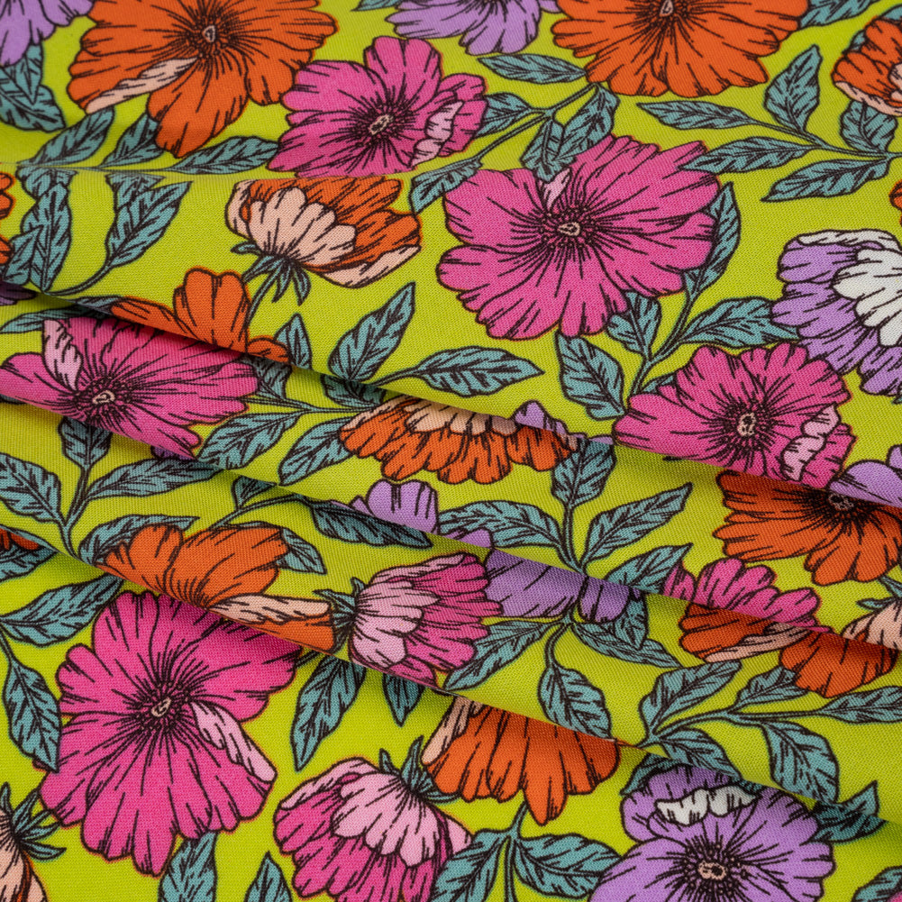 Rayon Challis Print - Mauve Purple, Burnt Orange and Lime Green Floral - Deadstock - Folded