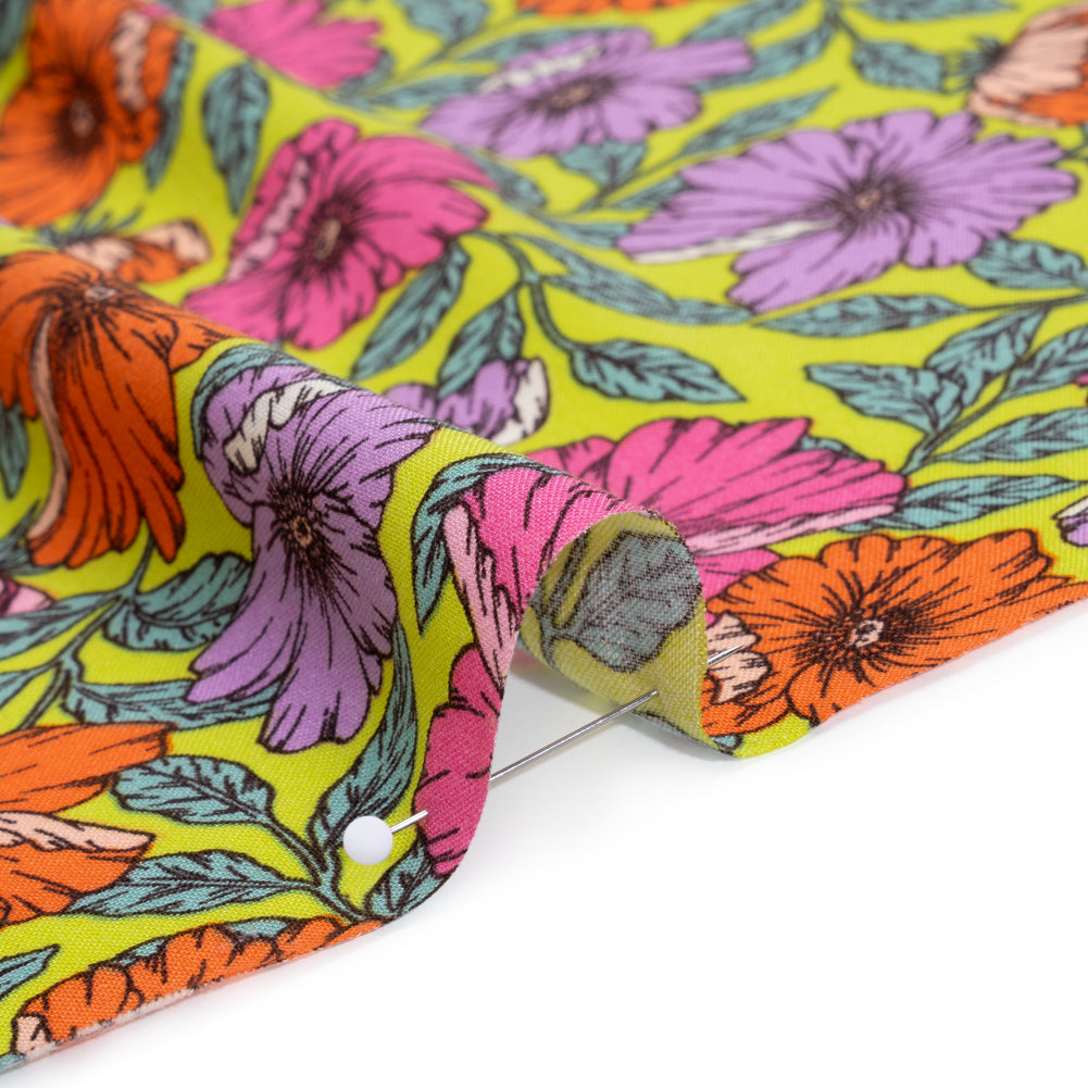 Rayon Challis Print - Mauve Purple, Burnt Orange and Lime Green Floral - Deadstock - Detail