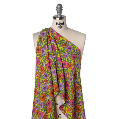 Rayon Challis Print - Mauve Purple, Burnt Orange and Lime Green Floral - Deadstock