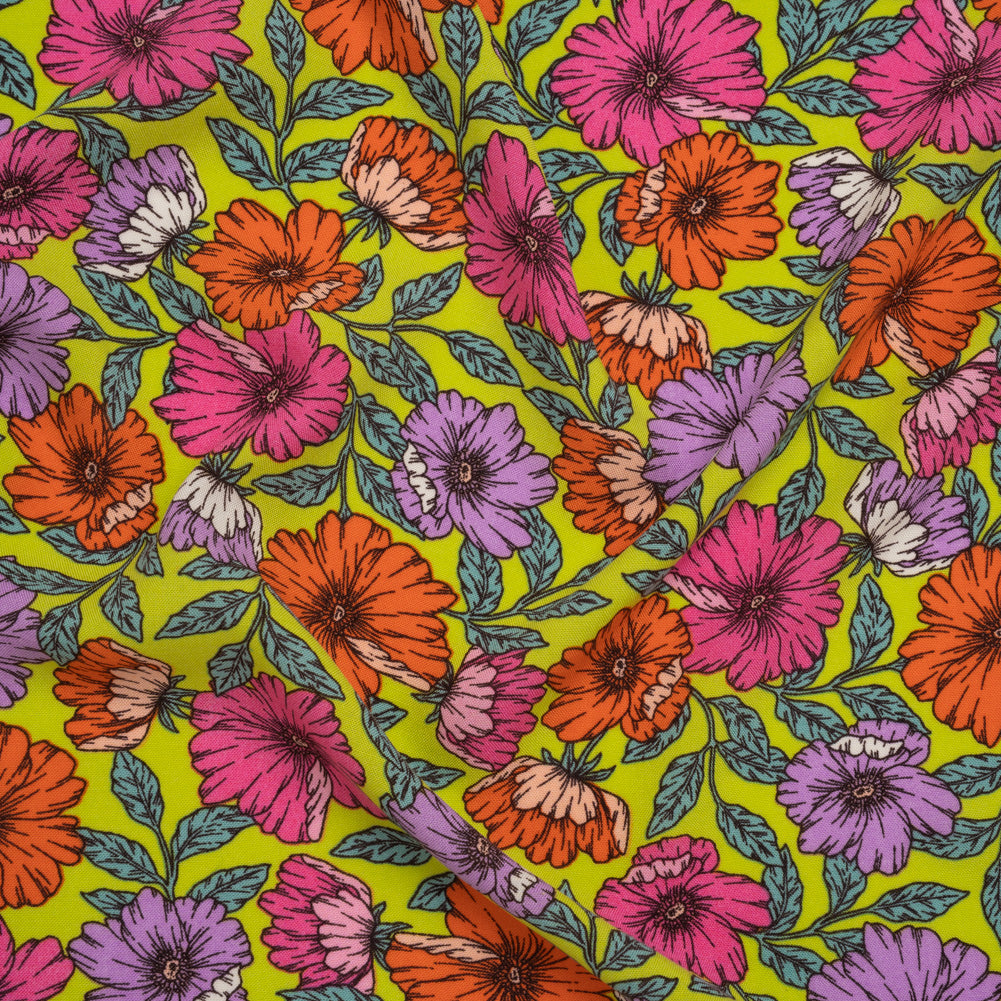 Rayon Challis Print - Mauve Purple, Burnt Orange and Lime Green Floral - Deadstock