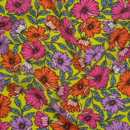 Rayon Challis Print - Mauve Purple, Burnt Orange and Lime Green Floral - Deadstock