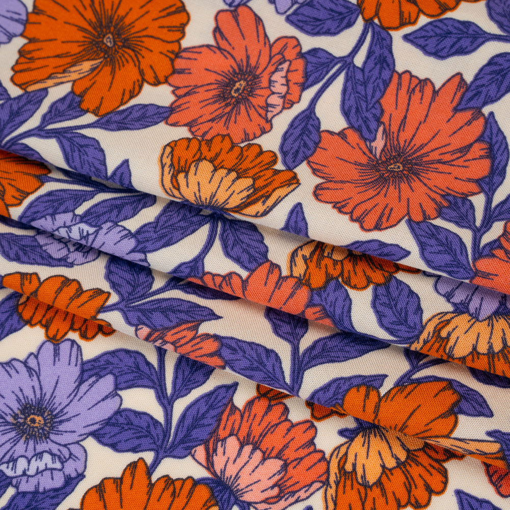 Rayon Challis Print - Burnt Orange and Purple Floral - Deadstock - Folded