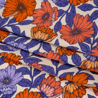 Rayon Challis Print - Burnt Orange and Purple Floral - Deadstock