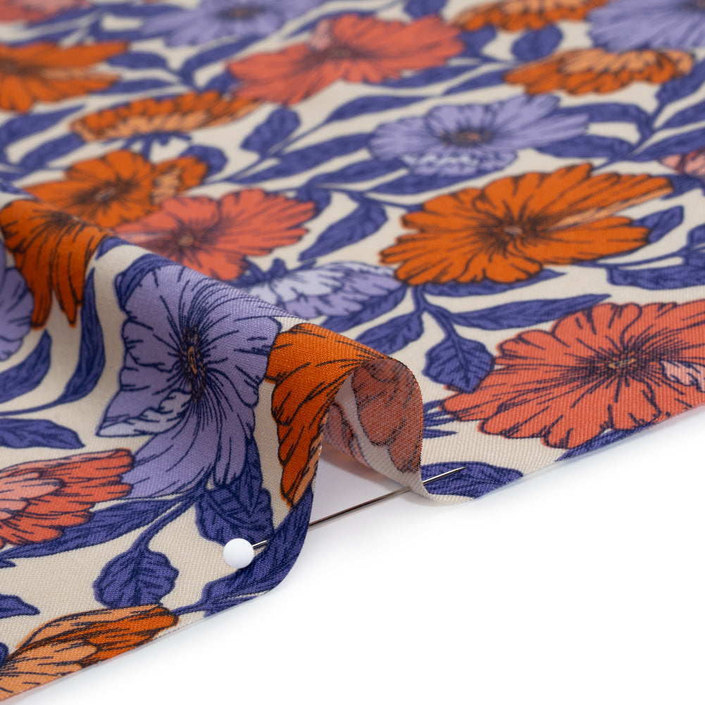 Rayon Challis Print - Burnt Orange and Purple Floral - Deadstock - Detail