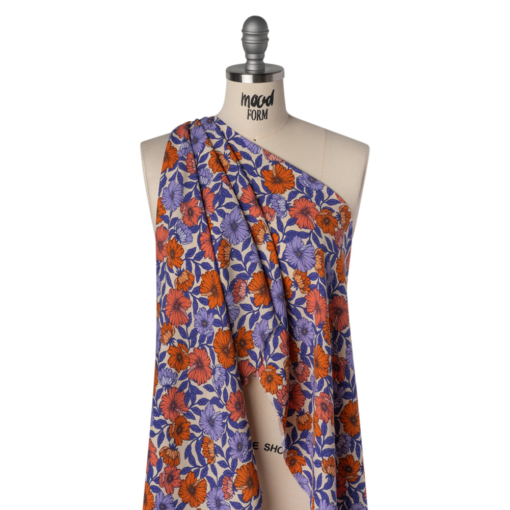 Rayon Challis Print - Burnt Orange and Purple Floral - Deadstock - Drape