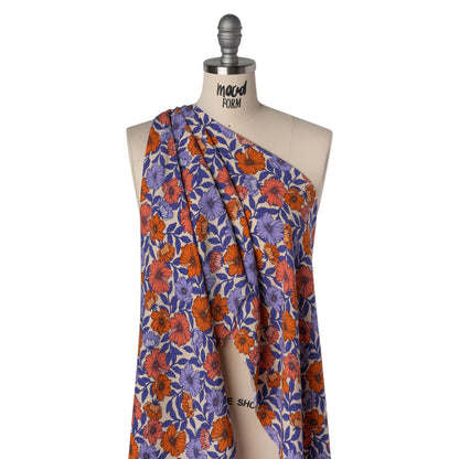 Rayon Challis Print - Burnt Orange and Purple Floral - Deadstock