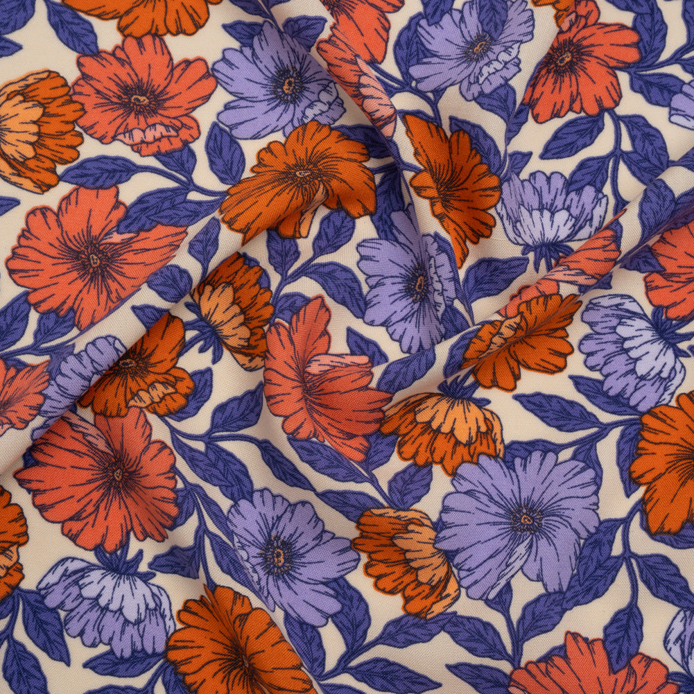 Rayon Challis Print - Burnt Orange and Purple Floral - Deadstock
