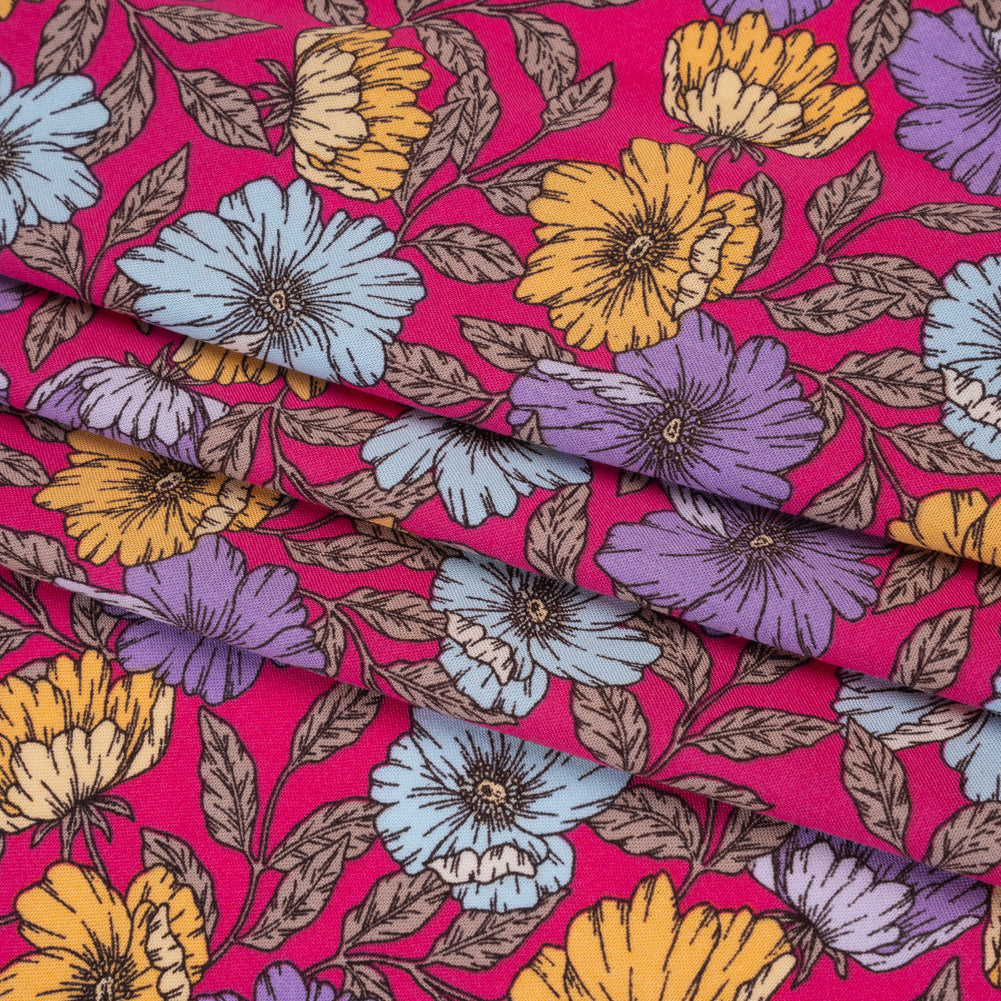 Rayon Challis Print - Mauve Purple, Sky Blue and Creamsicle Orange Floral - Deadstock - Folded