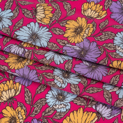 Rayon Challis Print - Mauve Purple, Sky Blue and Creamsicle Orange Floral - Deadstock