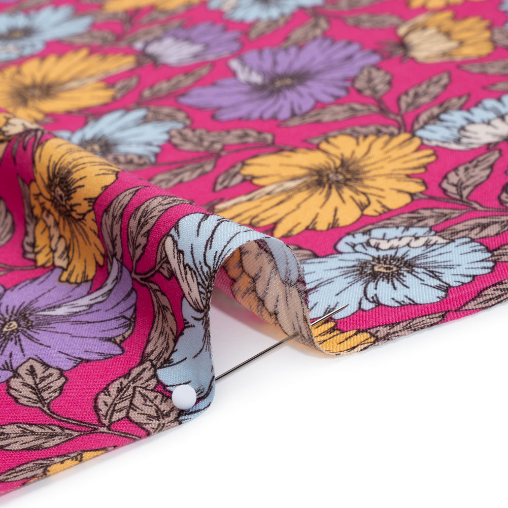 Rayon Challis Print - Mauve Purple, Sky Blue and Creamsicle Orange Floral - Deadstock - Detail