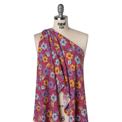 Rayon Challis Print - Mauve Purple, Sky Blue and Creamsicle Orange Floral - Deadstock