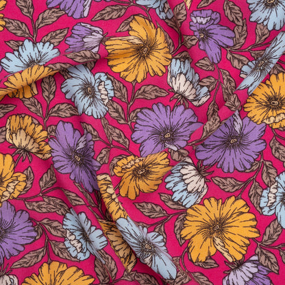 Rayon Challis Print - Mauve Purple, Sky Blue and Creamsicle Orange Floral - Deadstock