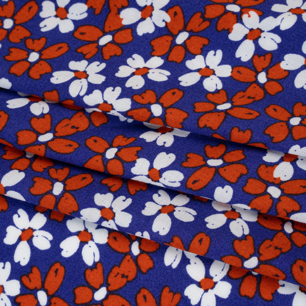 Rayon Challis Print - Brick Red, Navy Blue and White Painterly Floral - Deadstock - Folded