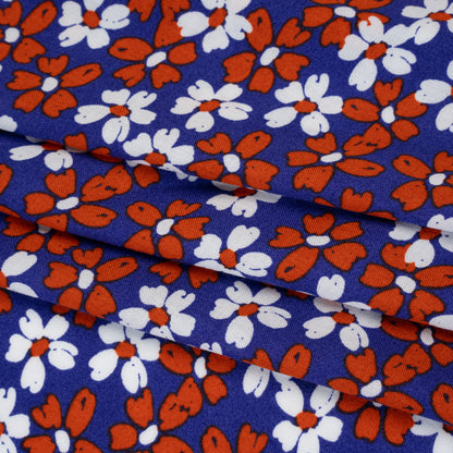 Rayon Challis Print - Brick Red, Navy Blue and White Painterly Floral - Deadstock