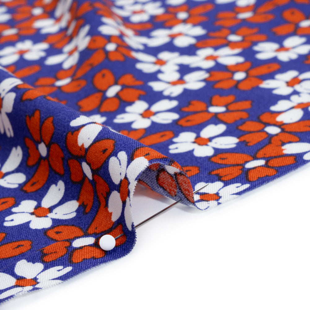 Rayon Challis Print - Brick Red, Navy Blue and White Painterly Floral - Deadstock - Detail