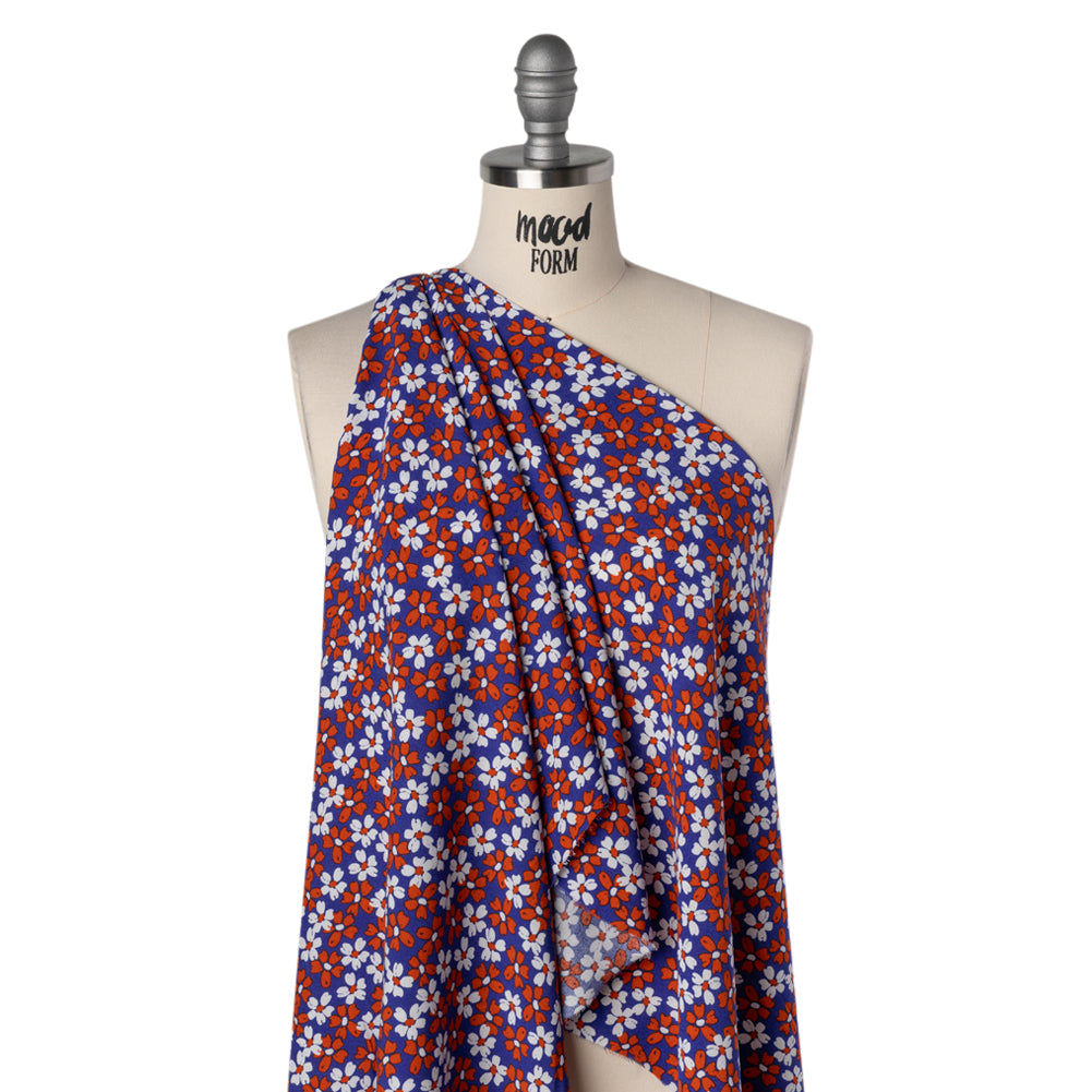 Rayon Challis Print - Brick Red, Navy Blue and White Painterly Floral - Deadstock - Drape