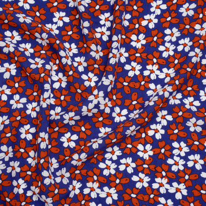 Rayon Challis Print - Brick Red, Navy Blue and White Painterly Floral - Deadstock