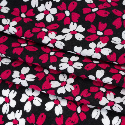 Rayon Challis Print - Black, Fuchsia Pink and White Painterly Floral - Deadstock