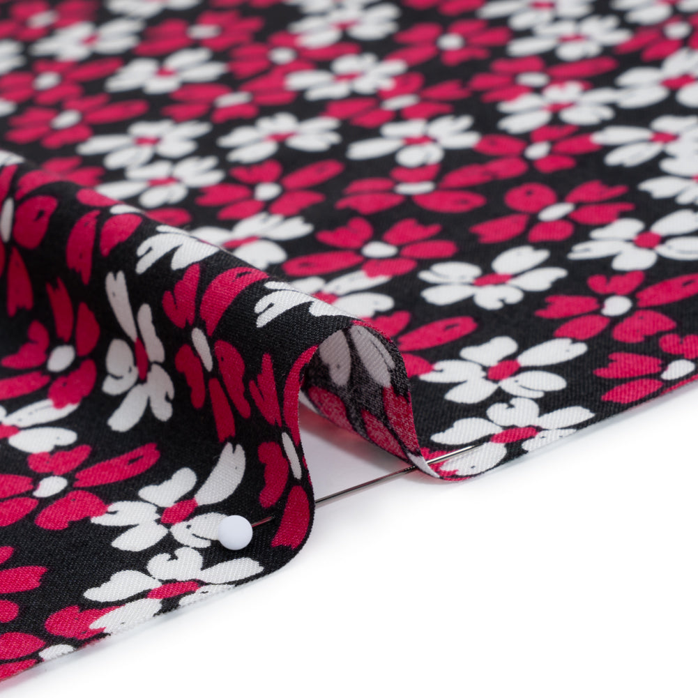 Rayon Challis Print - Black, Fuchsia Pink and White Painterly Floral - Deadstock - Detail