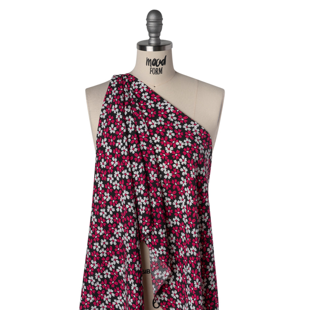 Rayon Challis Print - Black, Fuchsia Pink and White Painterly Floral - Deadstock - Drape