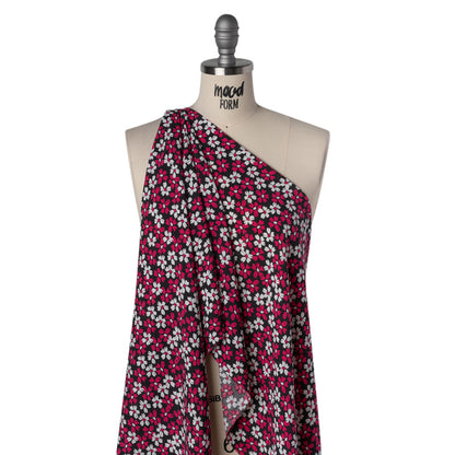 Rayon Challis Print - Black, Fuchsia Pink and White Painterly Floral - Deadstock