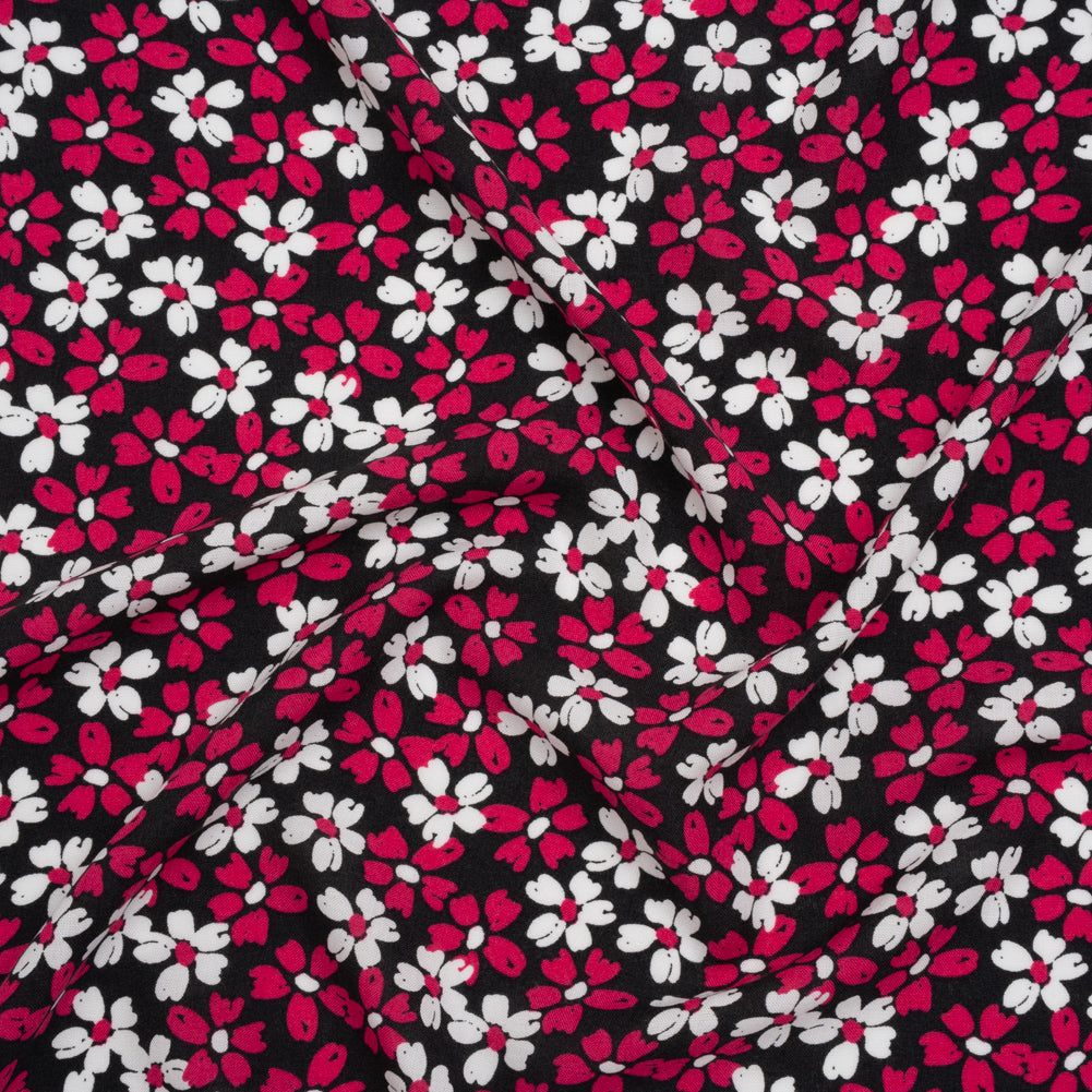 Rayon Challis Print - Black, Fuchsia Pink and White Painterly Floral - Deadstock