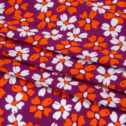 Rayon Challis Print - Tangerine Orange, Burgundy Purple and White Painterly Floral - Deadstock