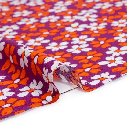 Rayon Challis Print - Tangerine Orange, Burgundy Purple and White Painterly Floral - Deadstock
