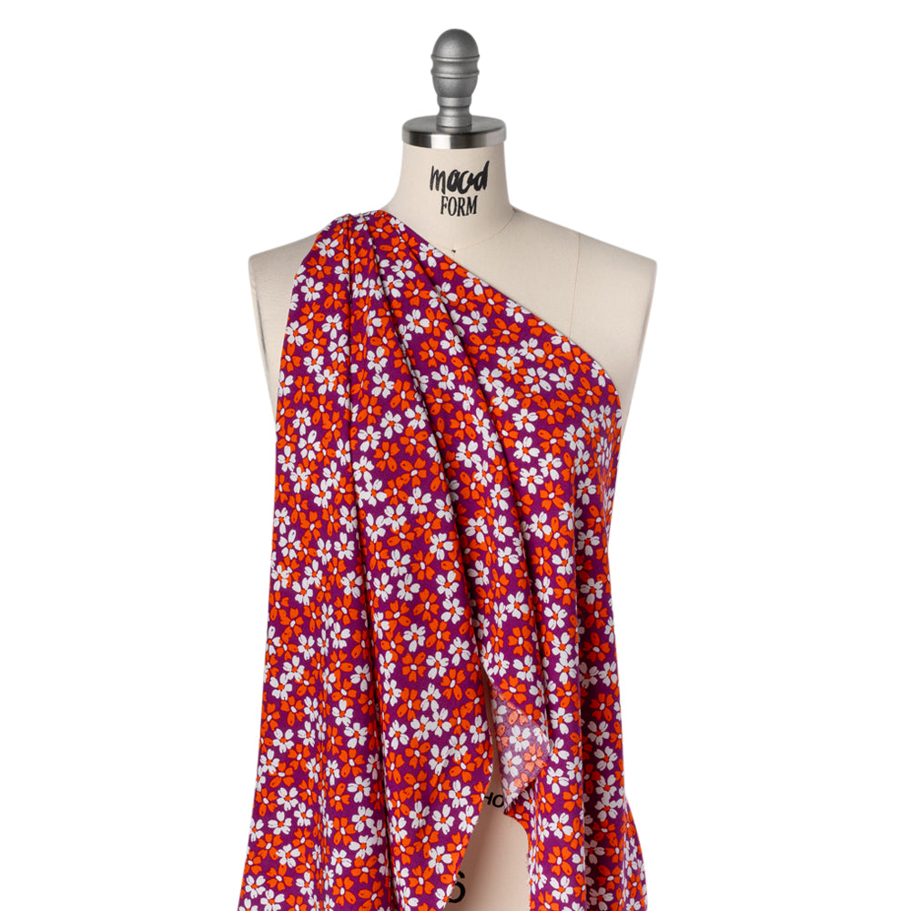 Rayon Challis Print - Tangerine Orange, Burgundy Purple and White Painterly Floral - Deadstock - Drape