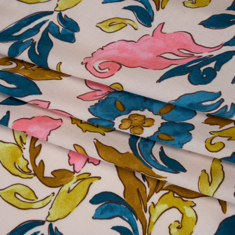Rayon Challis Print - Bubblegum Pink, Dark Teal and Antique Gold Floral - Deadstock - Folded