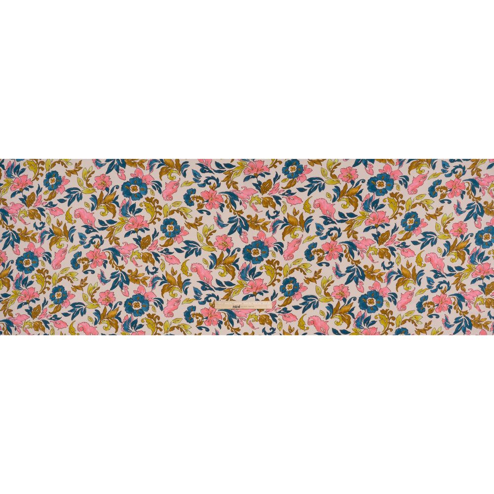 Rayon Challis Print - Bubblegum Pink, Dark Teal and Antique Gold Floral - Deadstock - Full