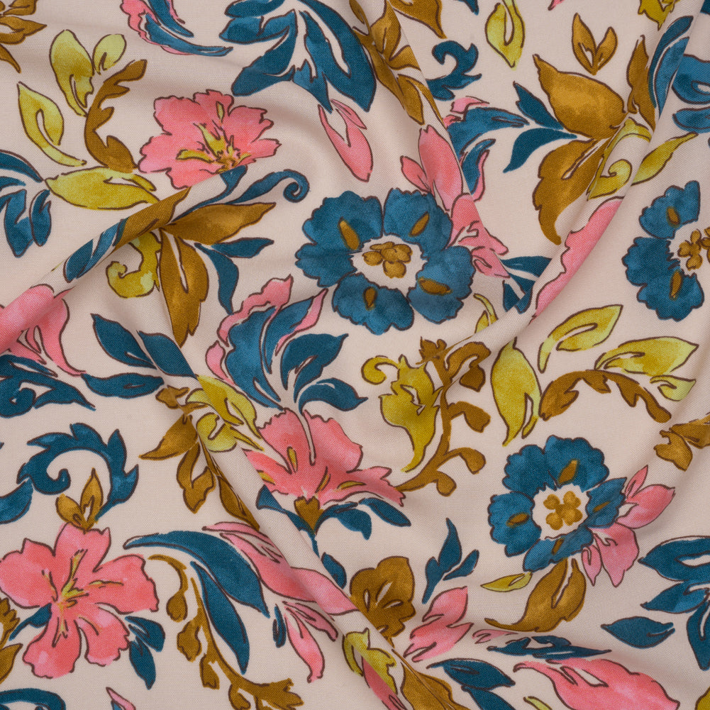 Rayon Challis Print - Bubblegum Pink, Dark Teal and Antique Gold Floral - Deadstock