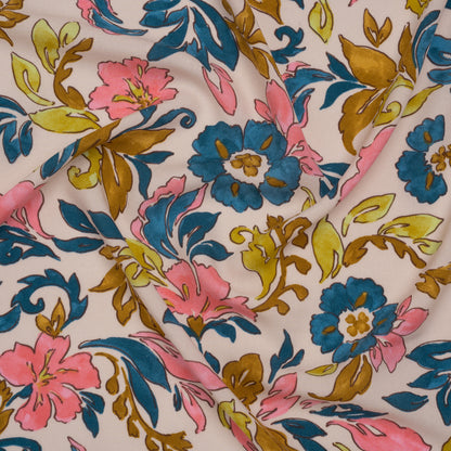 Rayon Challis Print - Bubblegum Pink, Dark Teal and Antique Gold Floral - Deadstock