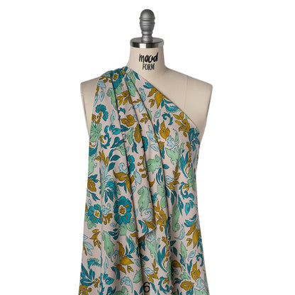 Rayon Challis Print - Dark Mint Green, Teal and Antique Gold Floral - Deadstock
