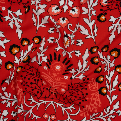 Rayon Challis Print - Red, White and Black Floral - Deadstock