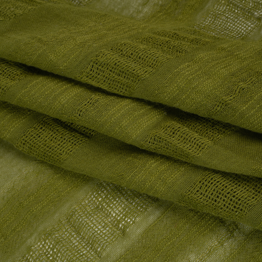 Linen and Cotton Woven Made in Italy - Olive Green Open Weave Stripes - Folded