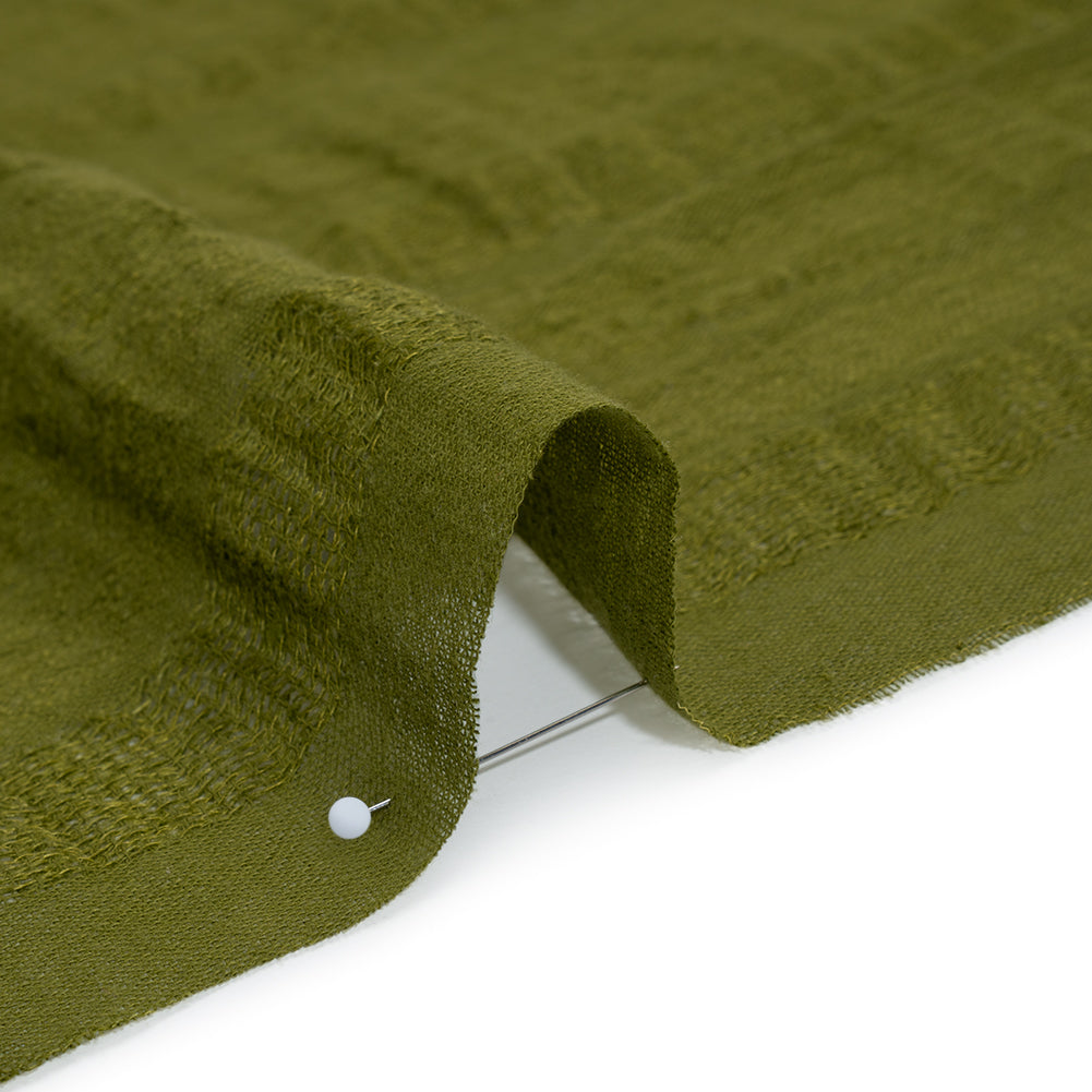 Linen and Cotton Woven Made in Italy - Olive Green Open Weave Stripes - Detail