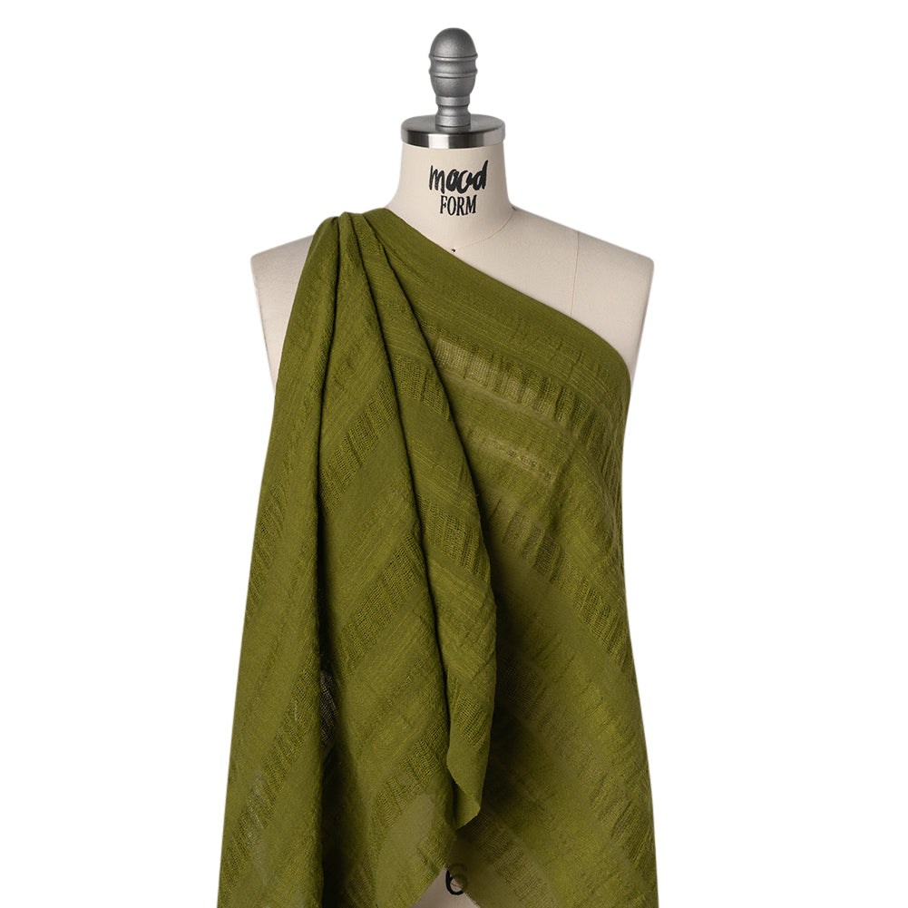 Linen and Cotton Woven Made in Italy - Olive Green Open Weave Stripes - Drape