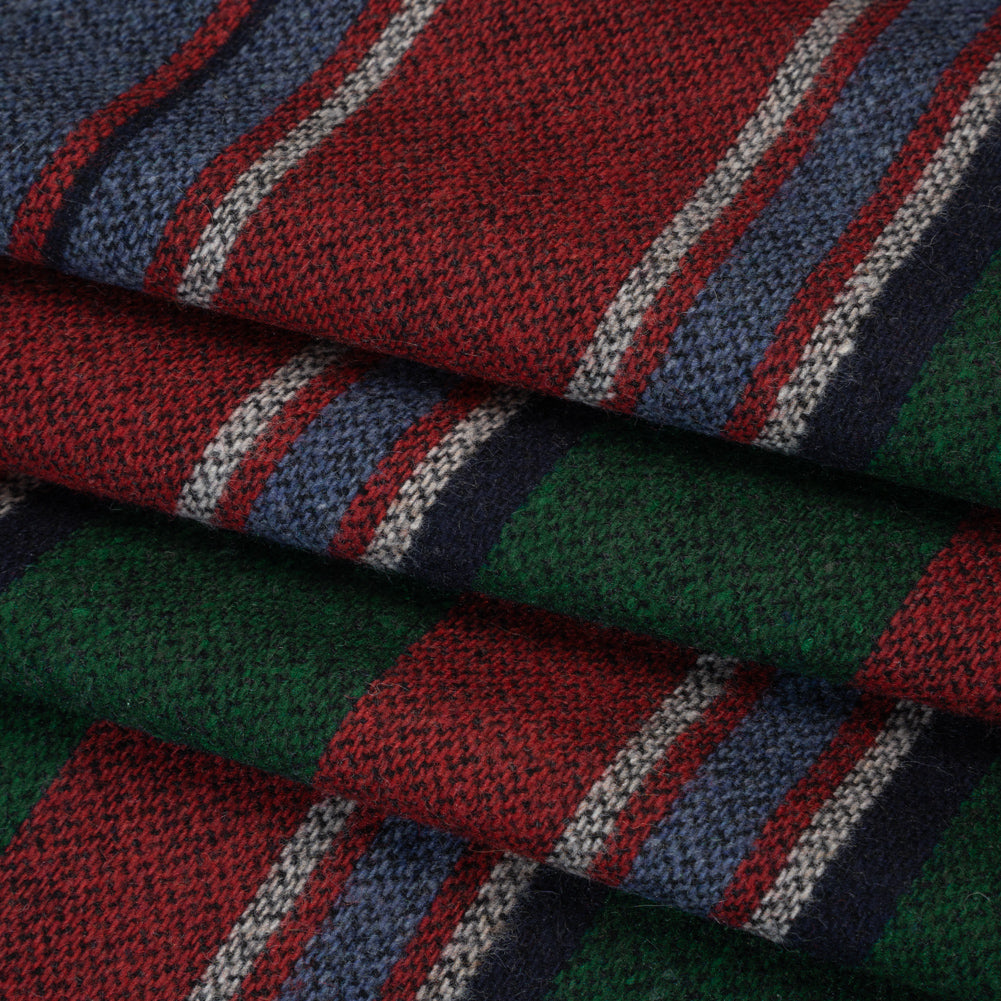 Recycled Wool and Polyester Coating Made in Italy - Dusty Denim Blue, Forest Green and Ruby Red Barcode Stripes - Folded