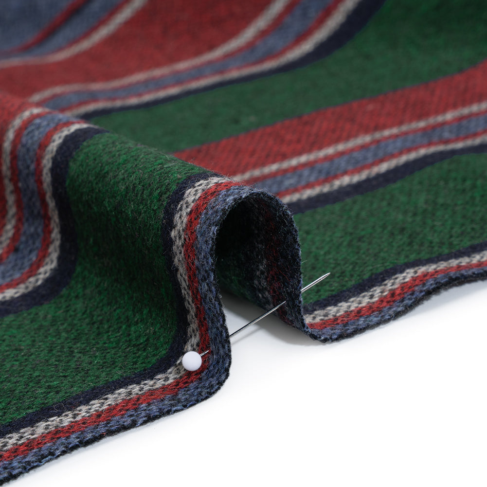 Recycled Wool and Polyester Coating Made in Italy - Dusty Denim Blue, Forest Green and Ruby Red Barcode Stripes - Detail