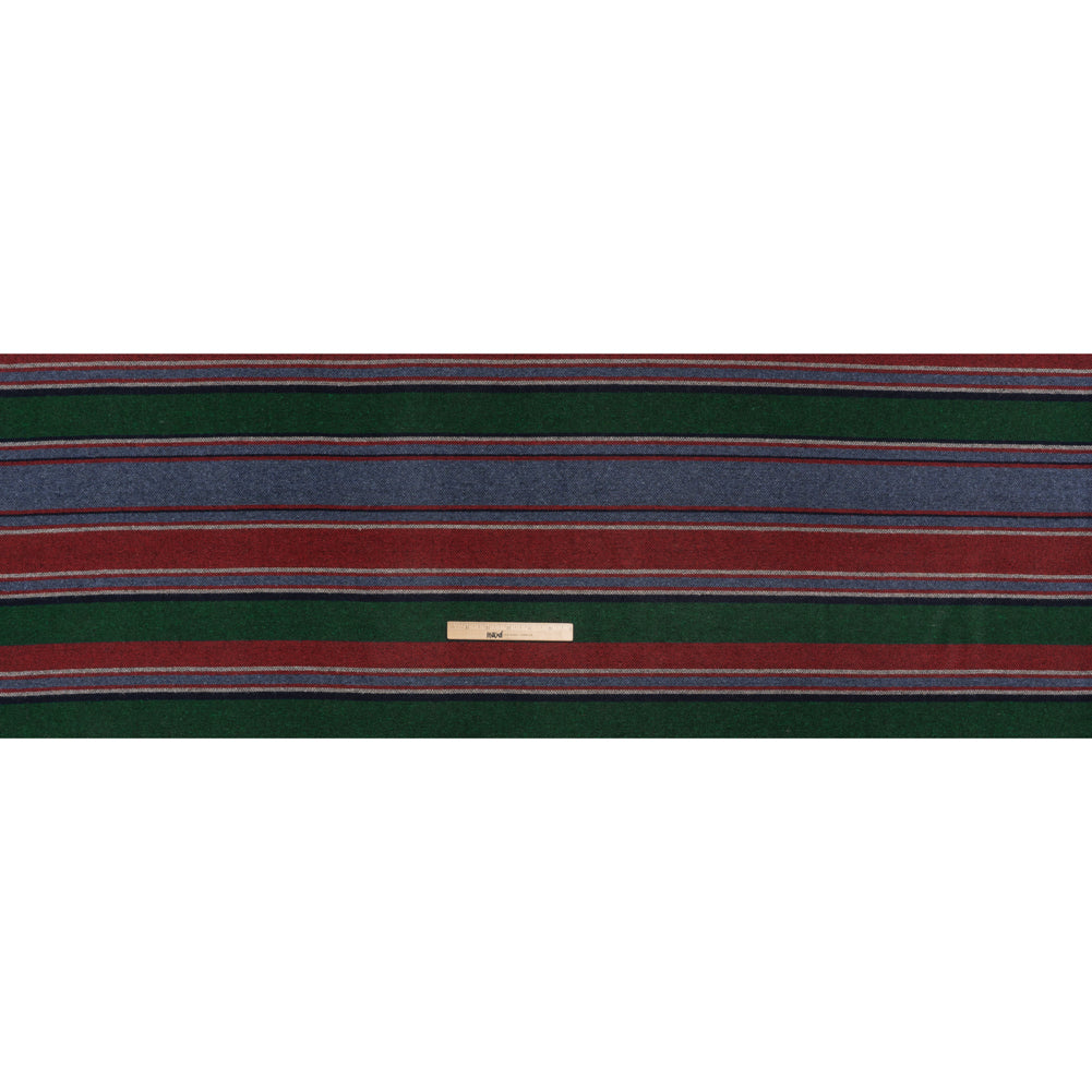 Recycled Wool and Polyester Coating Made in Italy - Dusty Denim Blue, Forest Green and Ruby Red Barcode Stripes - Full