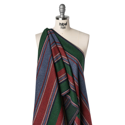 Recycled Wool and Polyester Coating Made in Italy - Dusty Denim Blue, Forest Green and Ruby Red Barcode Stripes