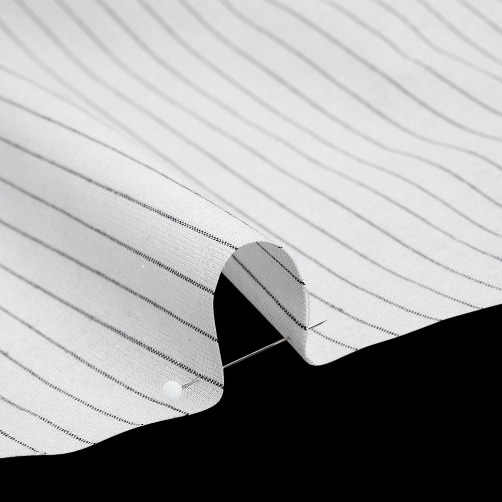 Metallic Cotton and Linen Blend Woven Made in Italy - Crisp White, Black and Silver Pin Stripes - Detail