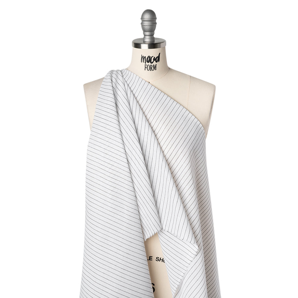 Metallic Cotton and Linen Blend Woven Made in Italy - Crisp White, Black and Silver Pin Stripes - Drape