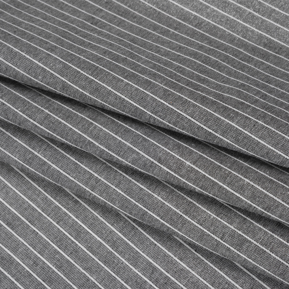 Metallic Cotton and Linen Blend Woven Made in Italy - Soft Black, White and Silver Pin Stripes - Folded